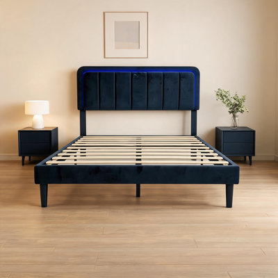 Cadre de lit rembourré à DEL, format Queen, avec tête de lit rembourrée, sans sommier, rangement sous le lit, base du matelas, silencieux, montage facile, gris clair