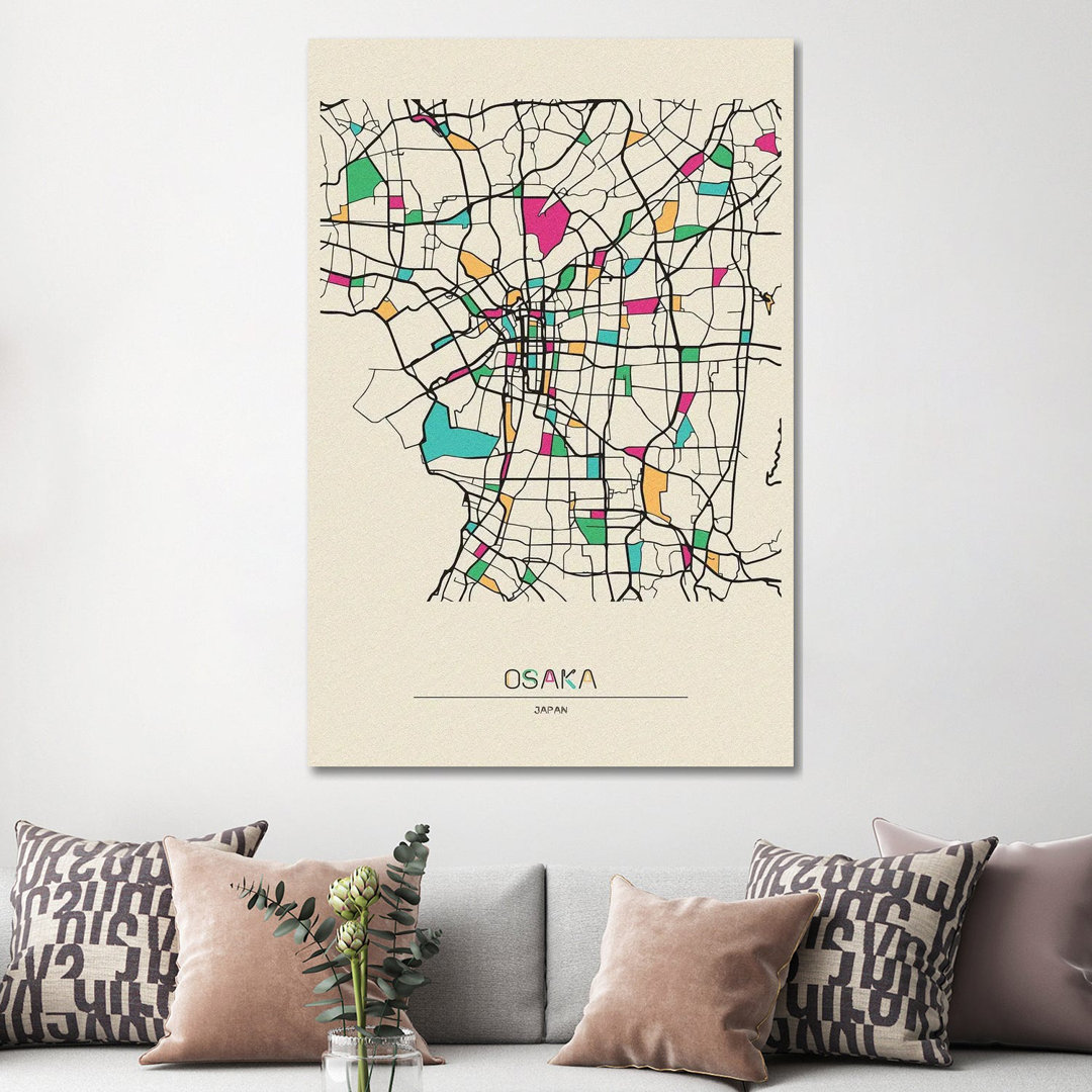 Osaka, Japan Map by Ayse Deniz Akerman - Wrapped Canvas Painting
