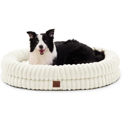 XL Dog Bed - Luxury Striped Faux Fur Waterproof Pet Couch With Removable Washable Cover, Orthopedic Dog Bed With Bolster Sides For Sleeping, Cream
