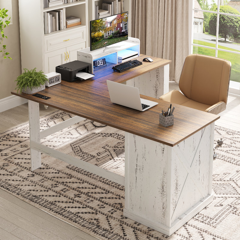 Computer Desk With Monitor Shelf, Rgb Led Lights And Built-in Charging Station , Modern Executive Desk With File Drawers