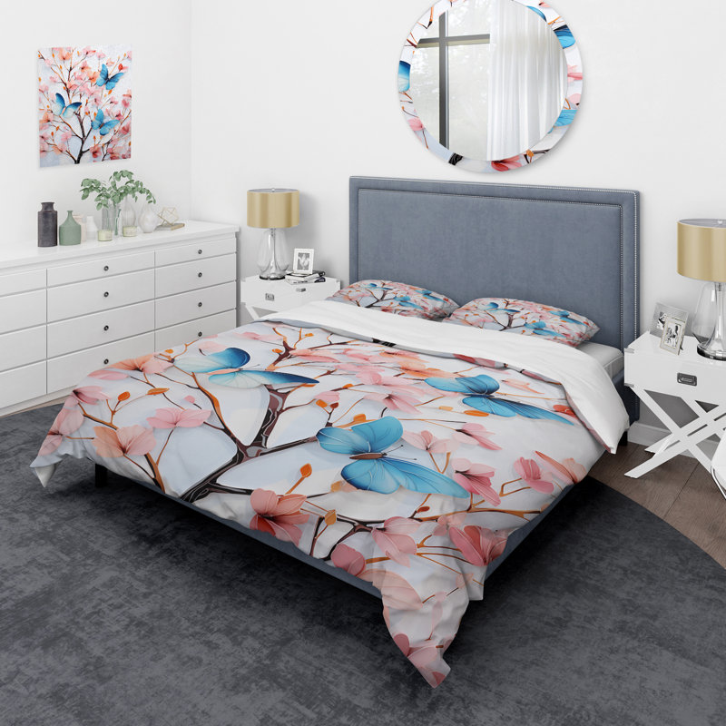 Ensemble de housse de couette avec charmants papillons en rose et bleu - Insectes et insectes