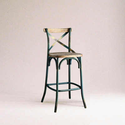 Tabouret de bar rustique de style rétro avec structure en métal, finition turquoise antique et chêne, 220 lb, 1 pièce pour la salle à manger,