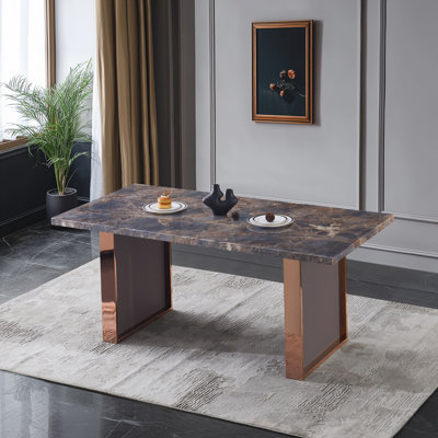 Table de salle à manger rectangulaire en bois aggloméré pour 6 ou 8 personnes, rectangulaire L 70,8 po x l 35,4 po x H 29,8 po, pieds luxueux en acier inoxydable effet pierre de taille moderne, durable, facile à assembler pour la cuisine / le salon / la réunion