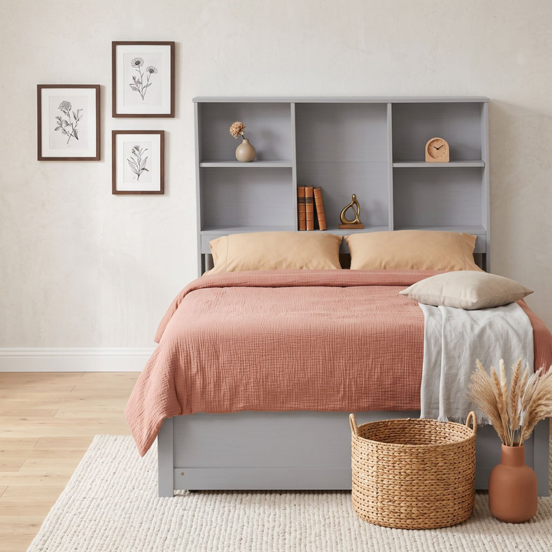 Lit en bois avec port de chargement USB et tiroirs, Gris
