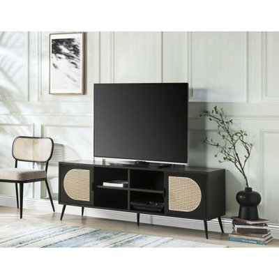 Evonne Faux Rattan TV Stand with Metal Legs & Open Storage