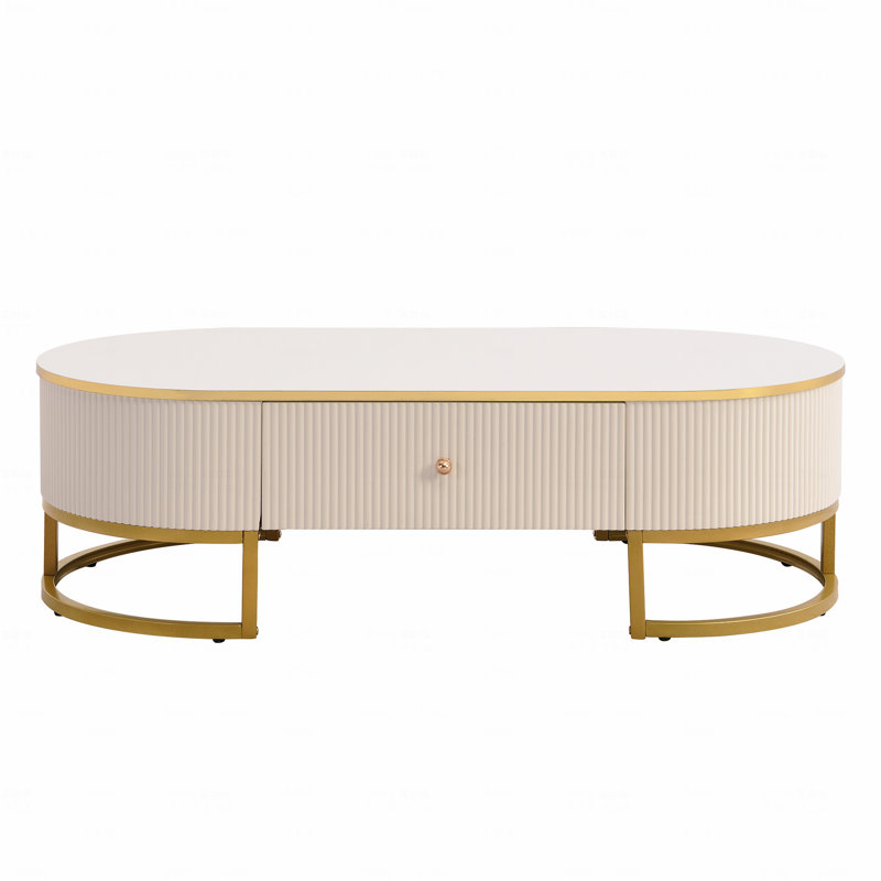 Table basse moderne ovale avec tiroirs, conception à profil courbé, décor en métal doré, table centrale