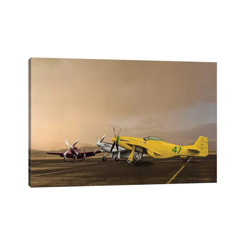 Three P-51 Mustangs Parked On The Ramp Ahead Of A Storm by Rob Edgcumbe - Wrapped Canvas Print, 20.32 cm H x 30.48 cm W