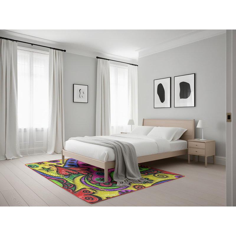 Tapis jaune/bleu/rouge à motifs, Rectangle 5 pi x 7 pi