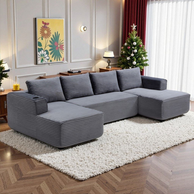 Canapé modulaire en U avec méridienne et canapé en velours côtelé Cloud Comfort, Gris