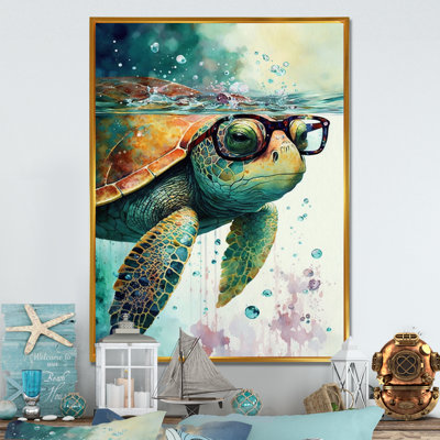Turtle With Glasses In The Ocean II - Turtle Wall Art