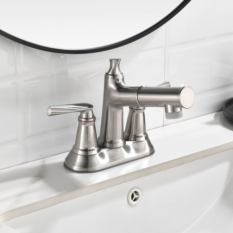 Two-Handle 4" Centerset Pull-Out Bathroom Faucet, Brushed Nickel