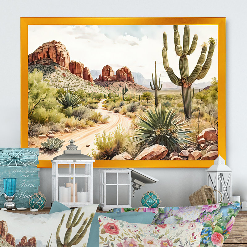 Arizona Desert Scenery II - Western Large, art mural, H 16 po x l 32 po x P 1 po, Impression dorée sur toile encadrée