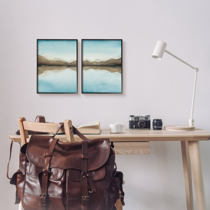 «Mountain Range Water Reflection» par Grace Popp - ensemble de 2 impressions sur bois, Giclée encadrée noir minuit