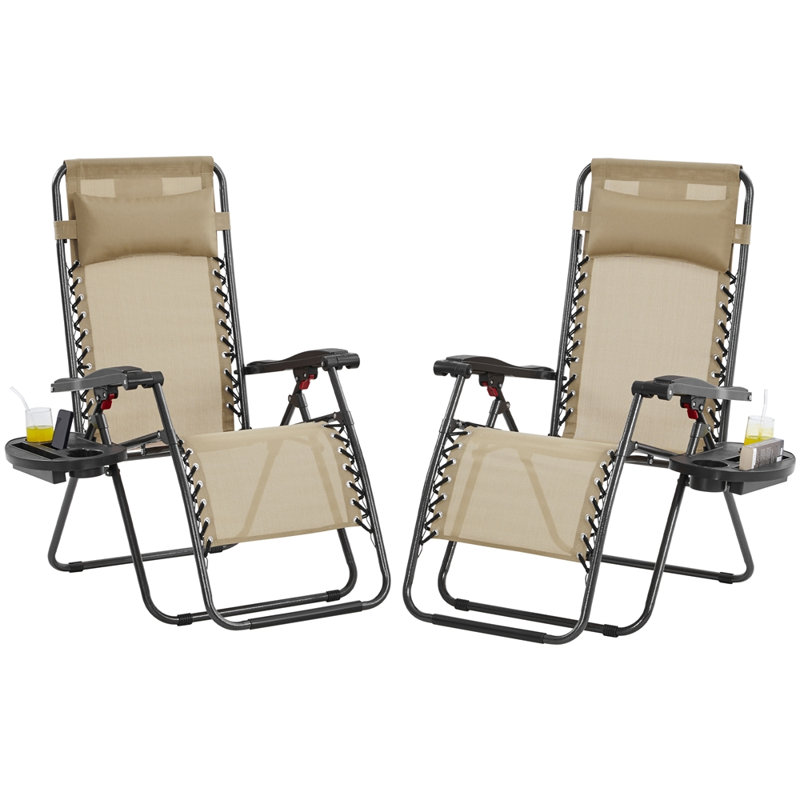 25in Outdoor Zero Gravity Chair with Cupholder and Pillow, Beige/Black