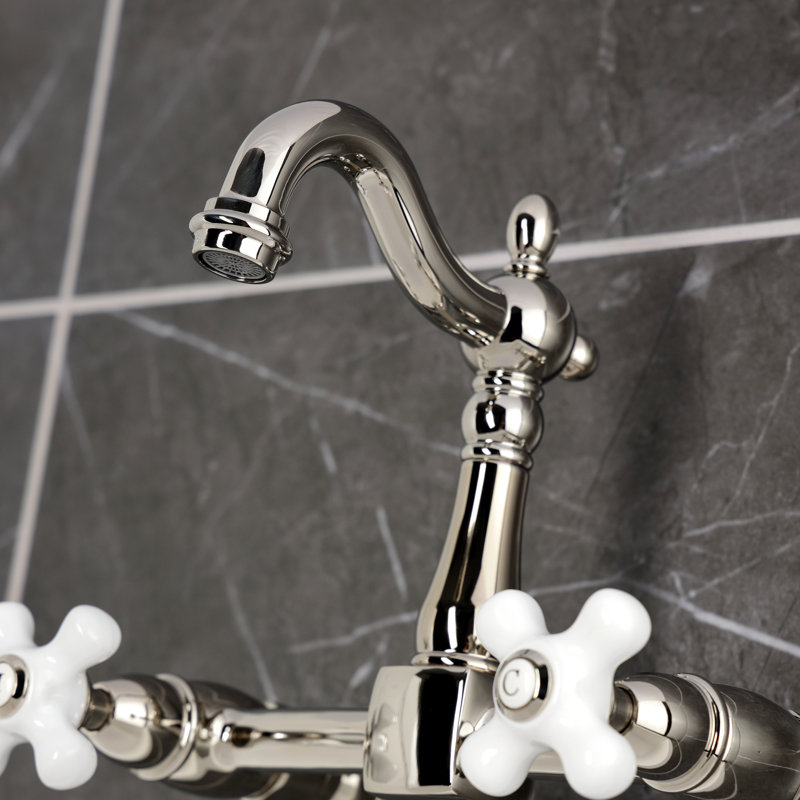 Kingston Brass Heritage Double-Handle 2-Hole Wall-Mount Bridge Kitchen Faucet, Nickel