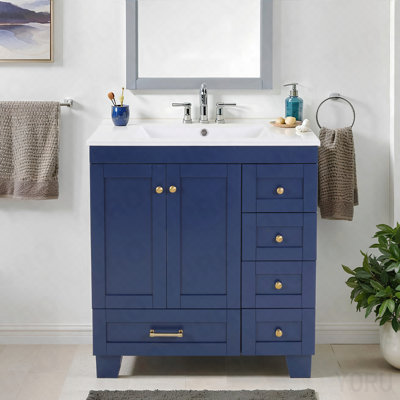 Meuble-lavabo bleu 30 po avec lavabo en céramique - Tiroirs à fermeture en douceur, structure en bois massif, rangement multi-organisateur