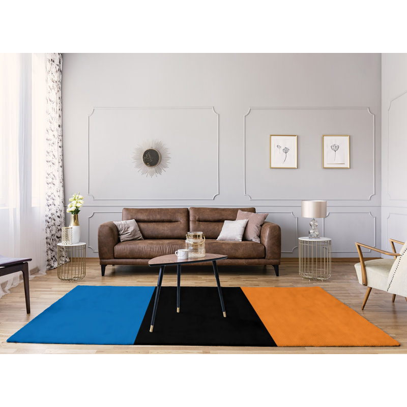 Tapis à rayures bleu/noir/orange, Rectangle 4 pi x 6 pi