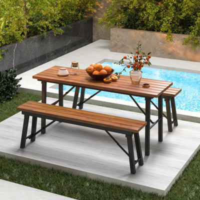 2 Pieces Folding Picnic Bench Set Rectangular Acacia Wood Dining Camping BBQ Benches by Gracie Oaks