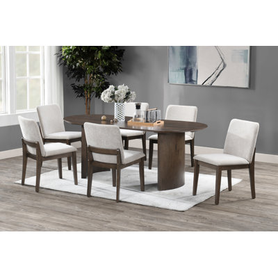 Darrah 7-Piece Wood Oval Dining Table Set With 6 Upholstered Chairs In Beige