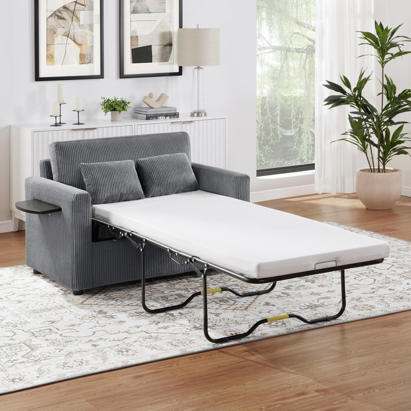 Sofa with foldable mattress, foldable side table, Grey Corduroy