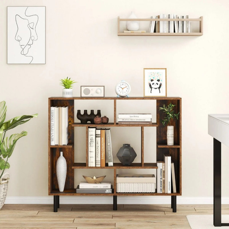 Open Bookshelf Modern Geometric Bookcase, Brown