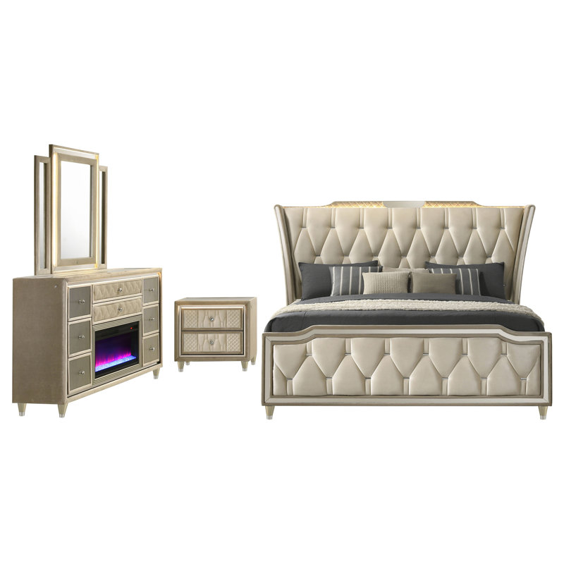 Ensemble de chambre avec grand lit 4 pièces Aikens, 4 Pcs: Bed, Nightstand, Dresser, Mirror, Grand