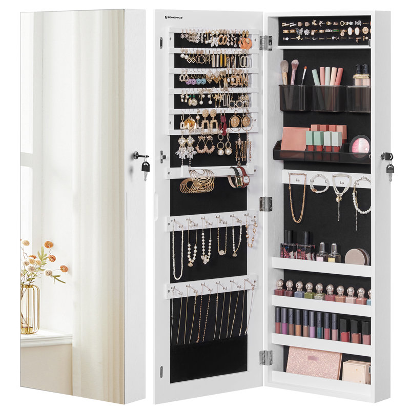 Armoire à bijoux avec miroir à suspendre, Blanc