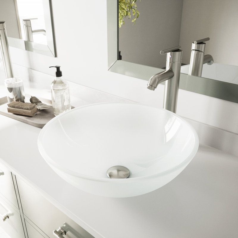 Giovanni 17" L x 17" W x 6" H Round Glass Vessel Bathroom Sink with 13" H Faucet, Brushed Nickel, Brushed Nickel