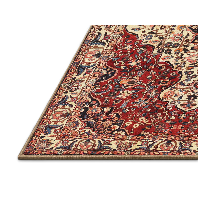 Tapis beige/rouge/noir traditionnel, Rectangle 5 pi x 7 pi