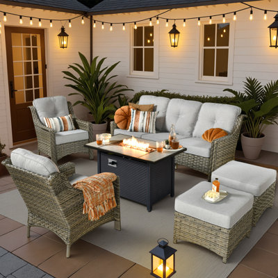 Harper Outdoor 6 Piece Patio Furniture With Fire Pit Table,Wicker Conversation Set With Single Chair,Comfy Sectional Deep Sofa With Ottoman For Outside Porch Balcony Backyard Pool