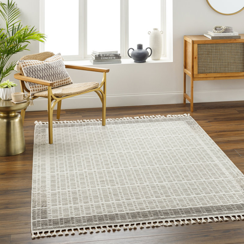 Tapis en polyester tissé à la machine Gean en crème / gris, Rectangle 9 pi 2 po x 12 pi