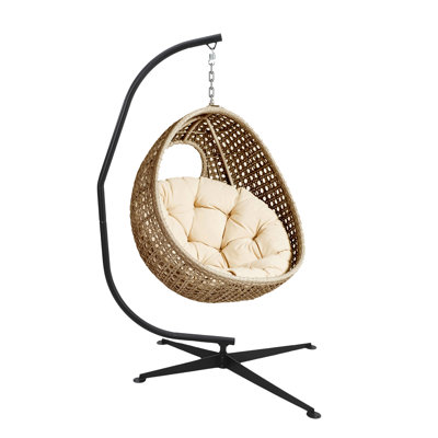 Balancelle suspendue en forme d'œuf avec support, balancelle suspendue en osier de rotin pour patio, fauteuil hamac pliable d'intérieur avec repose-pieds et coussin résistant aux rayons UV, chaise longue d'une capacité de 500 lb pour le jardin de la véranda de la chambre à coucher