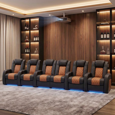 Fauteuil inclinable électrique berçant en cuir véritable avec éclairage ambiant à DEL 7 couleurs, appui-tête réglable, charge USB et porte-gobelet pour le cinéma maison