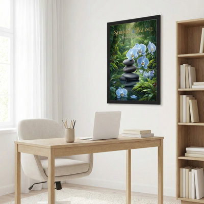 Serenity and Balance, jardin zen tropical, orchidée et pierre empilées sur toile tendue, impression sur toile, ensemble de 1