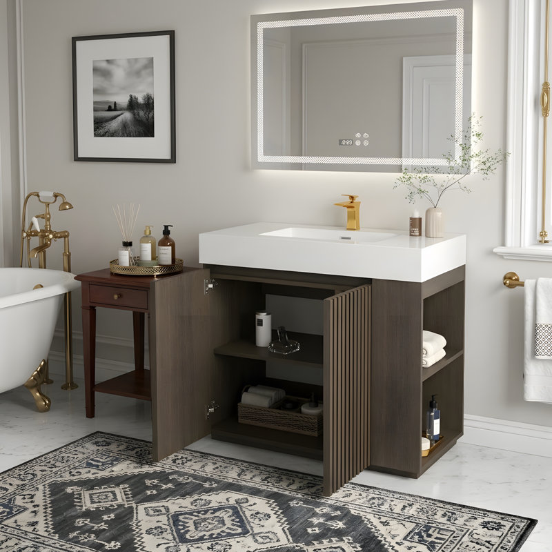 Grande salle de bain autoportante avec rangement, Gris foncé, Blanc