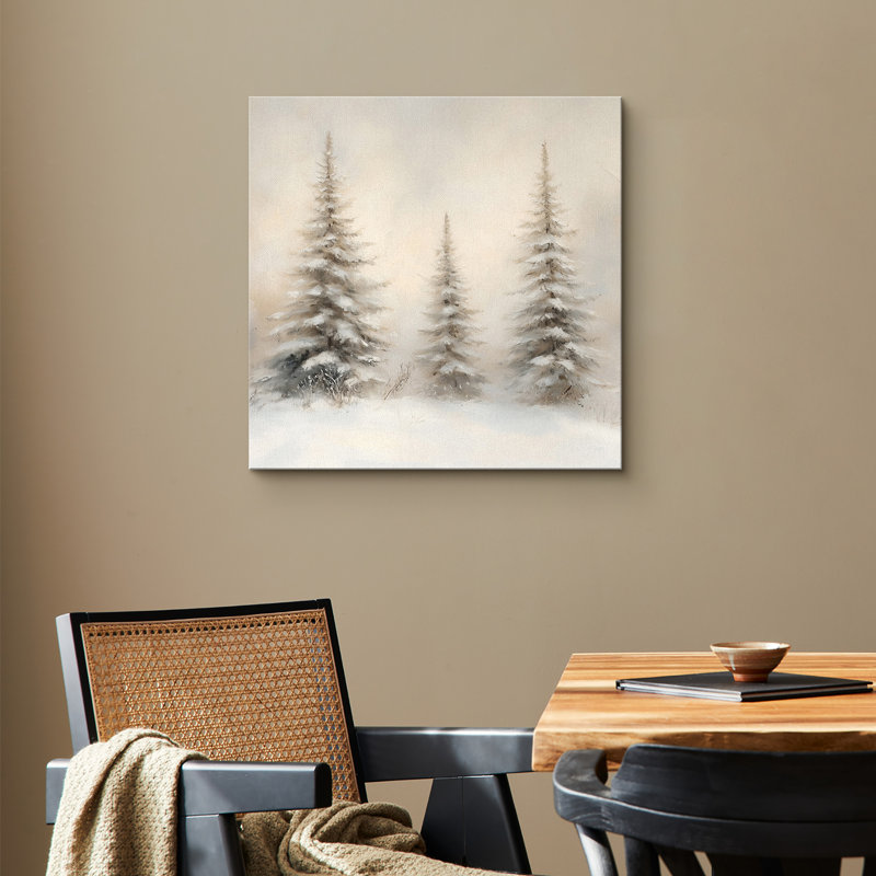 «Christmas Vintage Winter Landscape Pine Tree Holiday Neutral Decor», reproduction d'art sur toile encadrée, Toile tendue