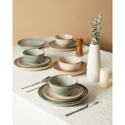 Service de vaisselle en grès pour 4 assiettes et bols en glacis réactif de 12 pièces, ensemble de vaisselle en céramique fait à la main, ensemble d'assiettes moderne très résistant aux fissures et aux fissures, beige moka