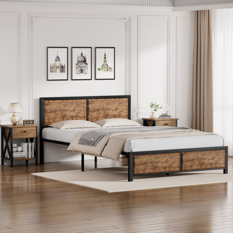 Kempst 3 Piece Full Size Bedroom Set, Modern Wood Platform Bed Frame and Nightstand Set, Farmhouse Industrial Bedroom Furniture Set in Brown, No Box Spring Needed