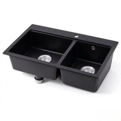 Black Quartz Composite Double Bowl Drop-In Kitchen Sink with Integrated Drainboard