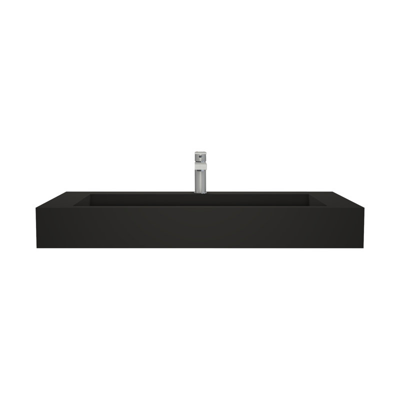 Pyramid 48" Wall Mounted Rectangular Solid Surface Bathroom Sink in Matte Finish, Black, With Faucet Hole, Black, Single Hole