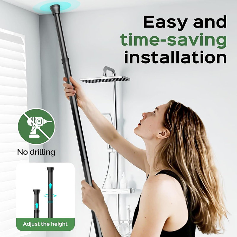 Shower Caddy Tension Pole - Black - 4-Tier Rustproof Tension Pole Corner Organizer, Floor-Standing, Quick Install, Large Capacity With Soap Holder