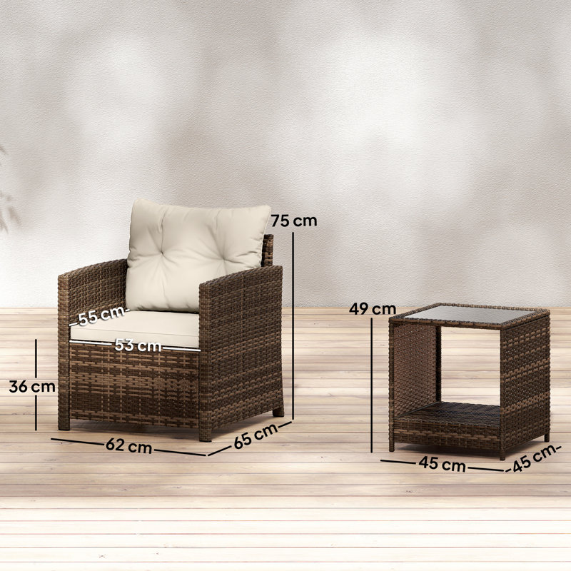2 - Person Patio Dining Set with Square Table, Beige Cushion/Brown Frame