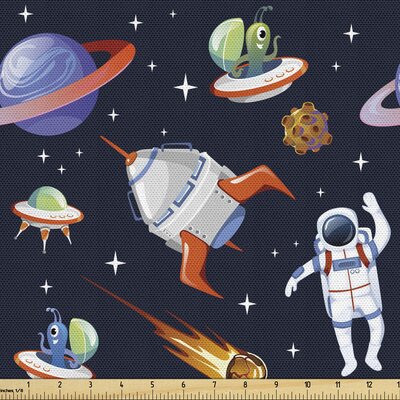 Alien Fabric By The Yard, Galaxy Asteroid Astronaut UFO Spaceship Outer Space Themed Pattern, Decorative Fabric For Upholstery And Home Accents,Multic -  East Urban Home, 8BBB28C4D1A746999D567BC5256CCFBB