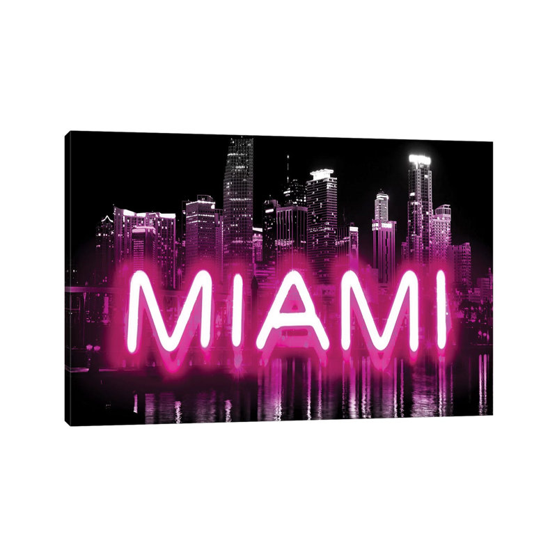 Neon Miami Pink On Black by Hailey Carr - Print on Canvas, Wrapped Canvas, 20.32 cm H x 30.48 cm W