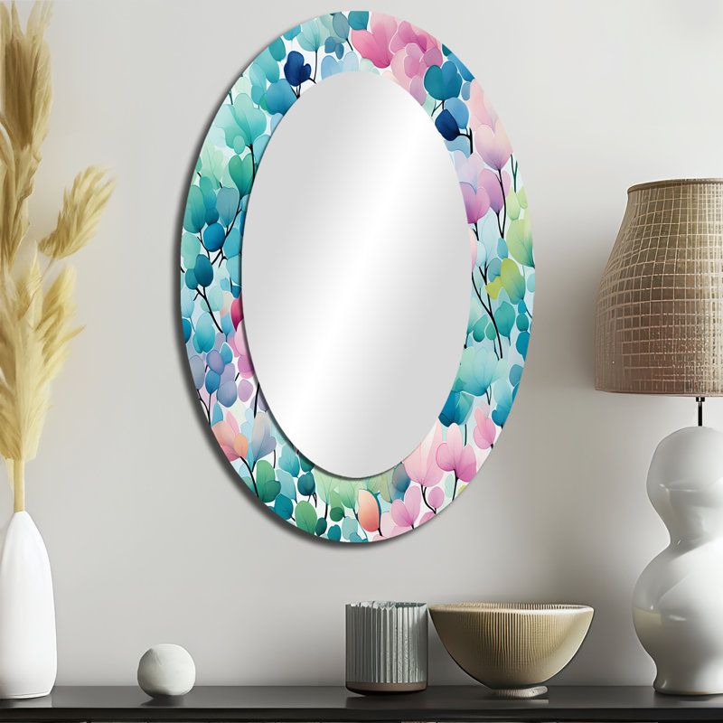 Aquarelle excentricité rose et bleu - grand miroir mural ovale sur métal, H 36 po x l 24 po