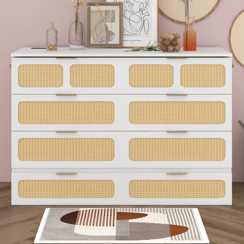 Drawer Murphy Bed Cabinet With Outlets, Queen, White/Natural