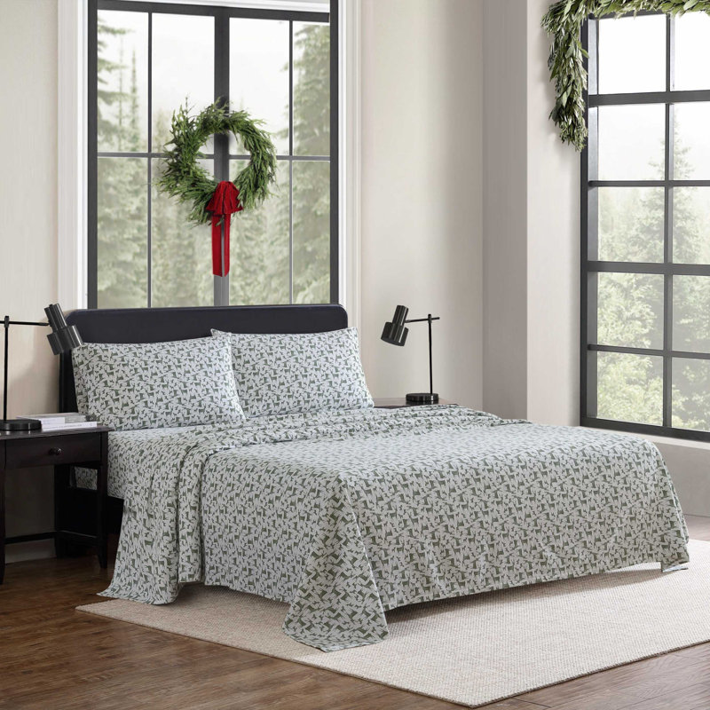Ensemble de draps 100% coton 200 fils, Ensemble de draps pour lit double avec 2 taies d'o, Deer Camp - vert
