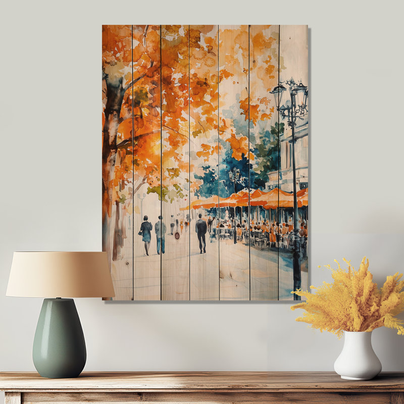 Automne à Paris, café I - art mural traditionnel en bois sur bois de pin naturel, H 44 po x l 34 po