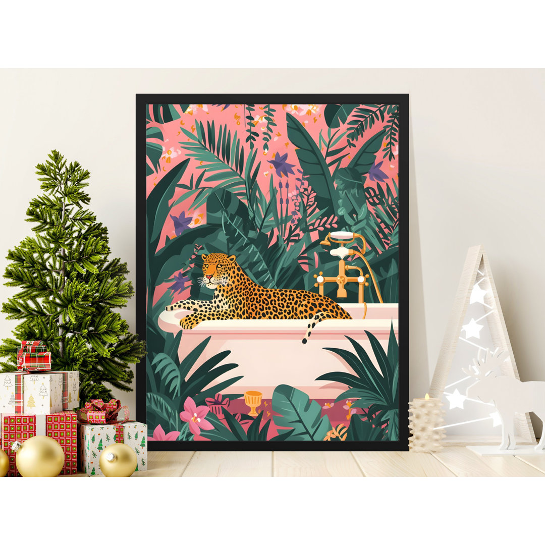 Leopard in Bathtub Wall Art, Jungle Animals, Botanical Art, Tropical Print, Bathroom Decor, Matte Vertical Poster, Home Decor