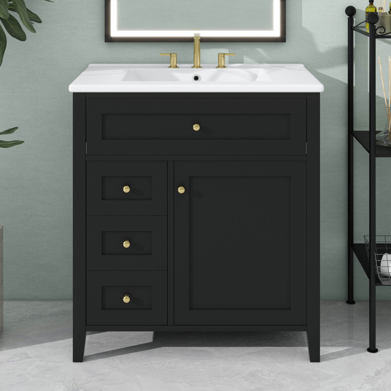 Meuble-lavabo autoportant de 30 pouces avec lavabo, 3 tiroirs à gauche, armoire à droite avec tablettes réglables, panneau de fibres à densité moyenne moderne et fabrication en bois d'hévéa